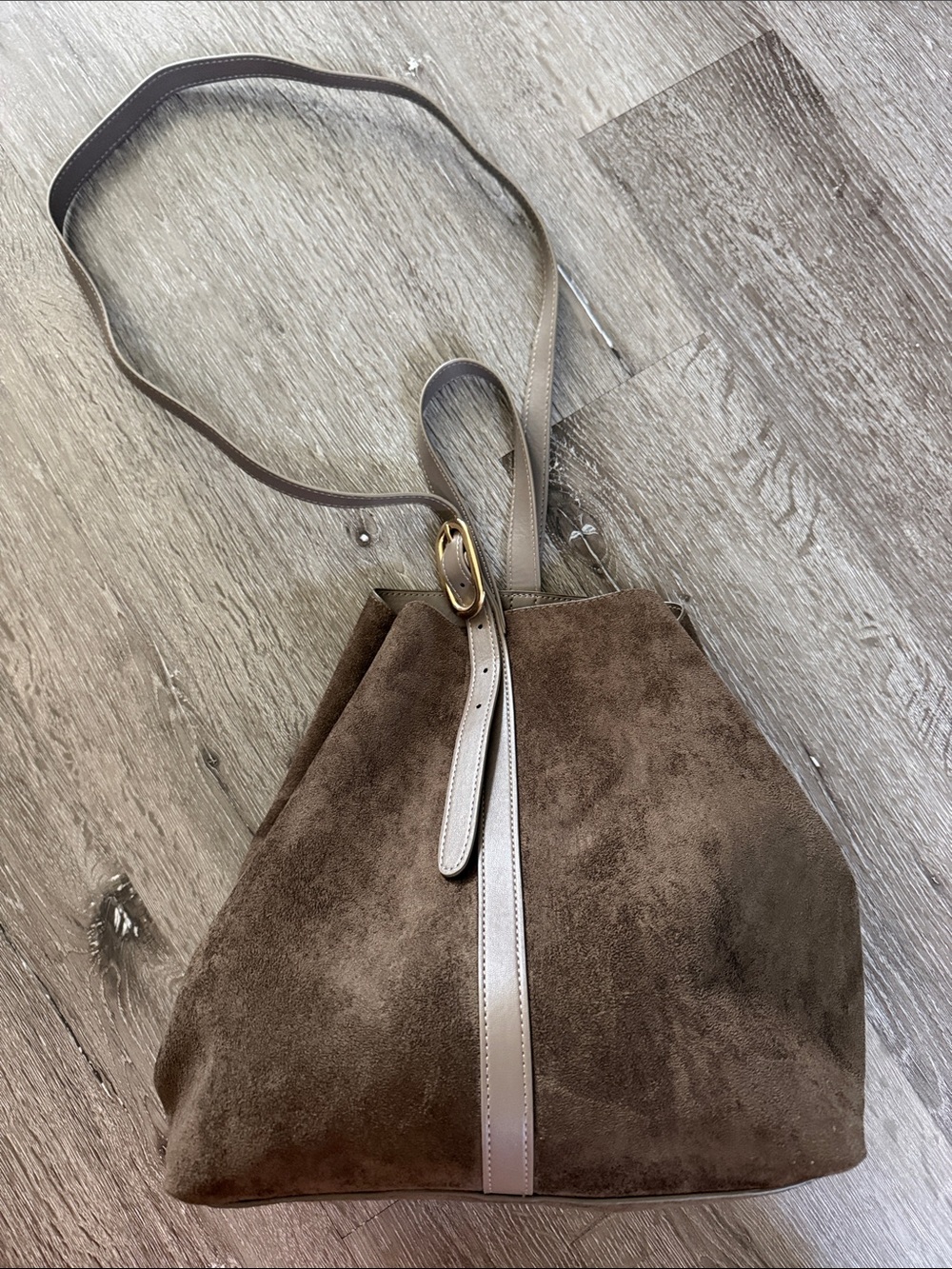 Old Navy Brown Suede Drawstring Shoulder Bag with Taupe Strap